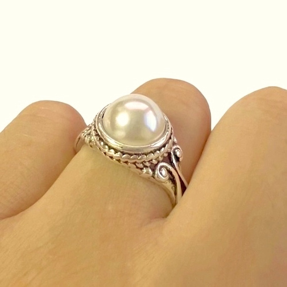 New faux pearl ring 925 silver plated Sz.7